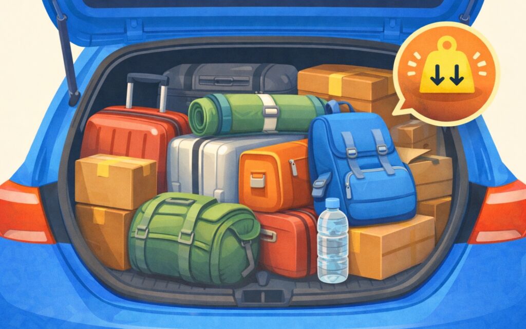 자동차 트렁크에 가득 실린 무거운 짐들