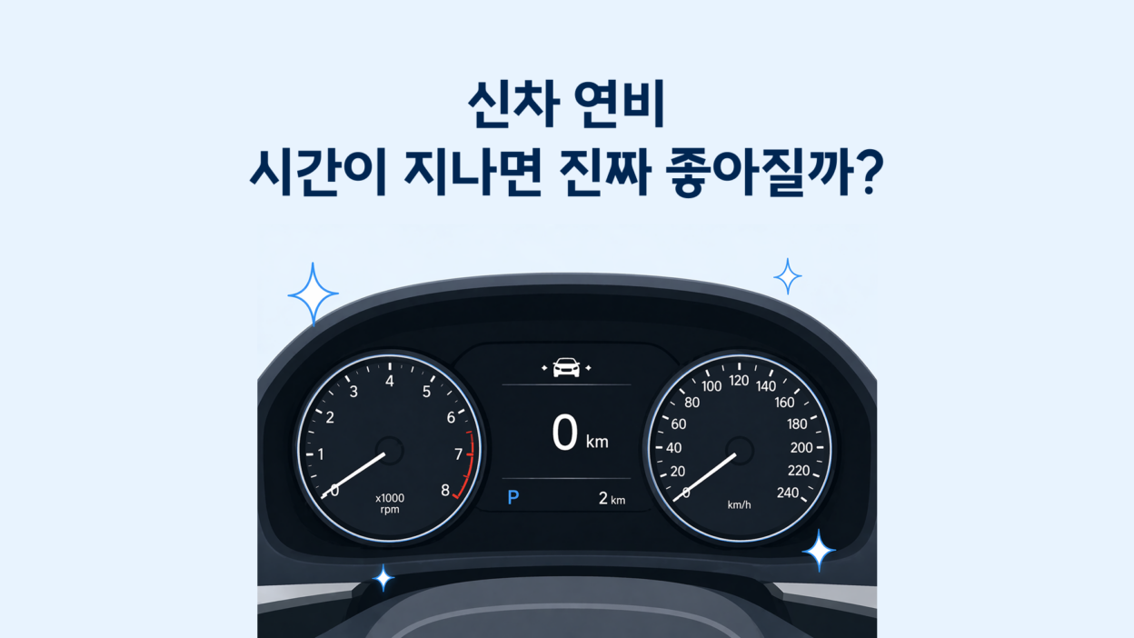 갓 출고된 반짝이는 신차의 계기판 주행거리가 '0km'에 가까운 모습과 함께, "신차 연비, 시간이 지나면 진짜 좋아질까?"라는 텍스트가 강조된 이미지