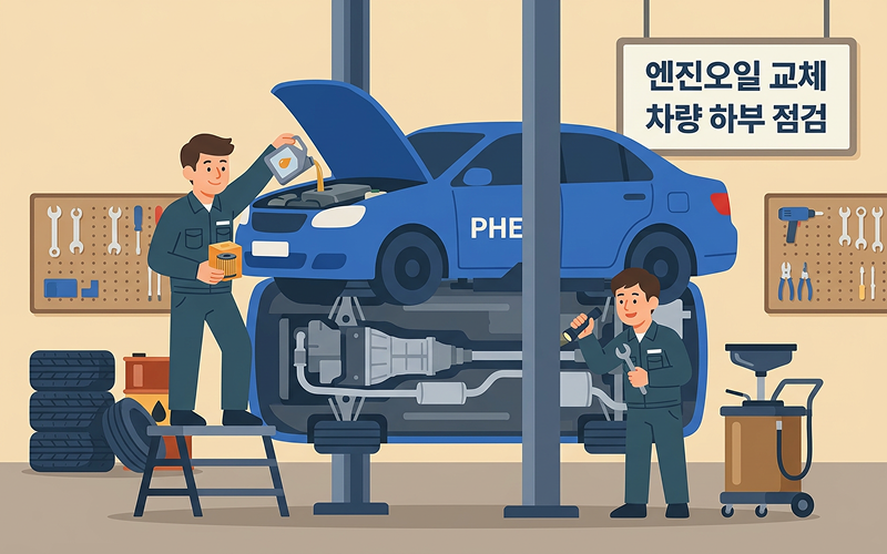 신차 주행 후 첫 엔진오일을 교체하며 차량 하부를 점검하는 정비소 이미지