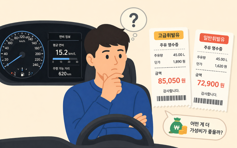 차량 계기판의 연비 수치와 주유 영수증(가격 차이)을 한 화면에 보여주며 가성비를 고민하는 사람