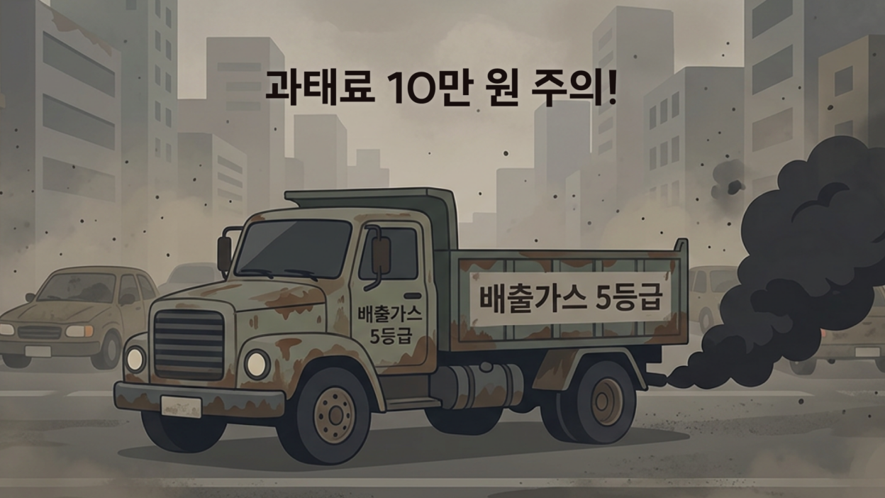 미세먼지가 가득한 도심 도로 위에 배출가스 5등급 차량이 지나가는 모습과 함께 '과태료 10만 원 주의!'라는 경고 문구가 강조된 이미지