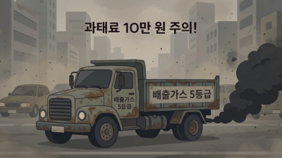 미세먼지가 가득한 도심 도로 위에 배출가스 5등급 차량이 지나가는 모습과 함께 '과태료 10만 원 주의!'라는 경고 문구가 강조된 이미지