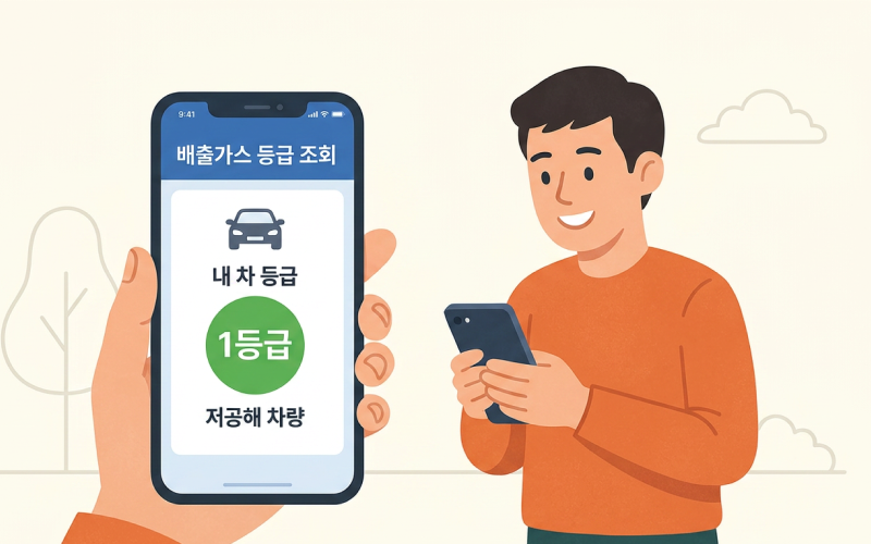 스마트폰으로 배출가스 등급제를 조회하는 화면이나 차량 뒷면에 붙은 등급 스티커 확인하는 사람