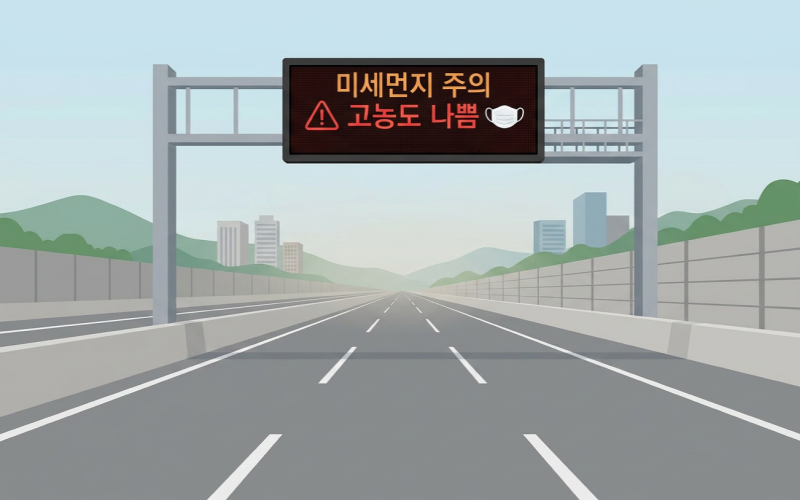 텅 빈 주말 도로와 미세먼지 알림판이 켜져 있는 고속도로 입구 전경