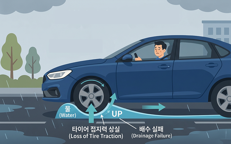 타이어가 도로 위의 물을 배수하지 못하고 물 위에 완전히 떠서 미끄러지는 수막현상의 원리 그래픽