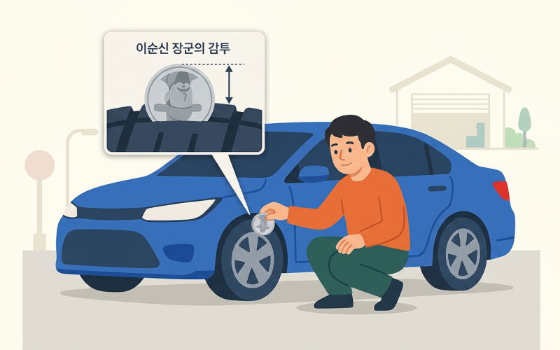타이어 트레드 홈 사이에 100원짜리 동전을 거꾸로 넣어 이순신 장군의 감투가 얼마나 가려지는지 측정하는 모습