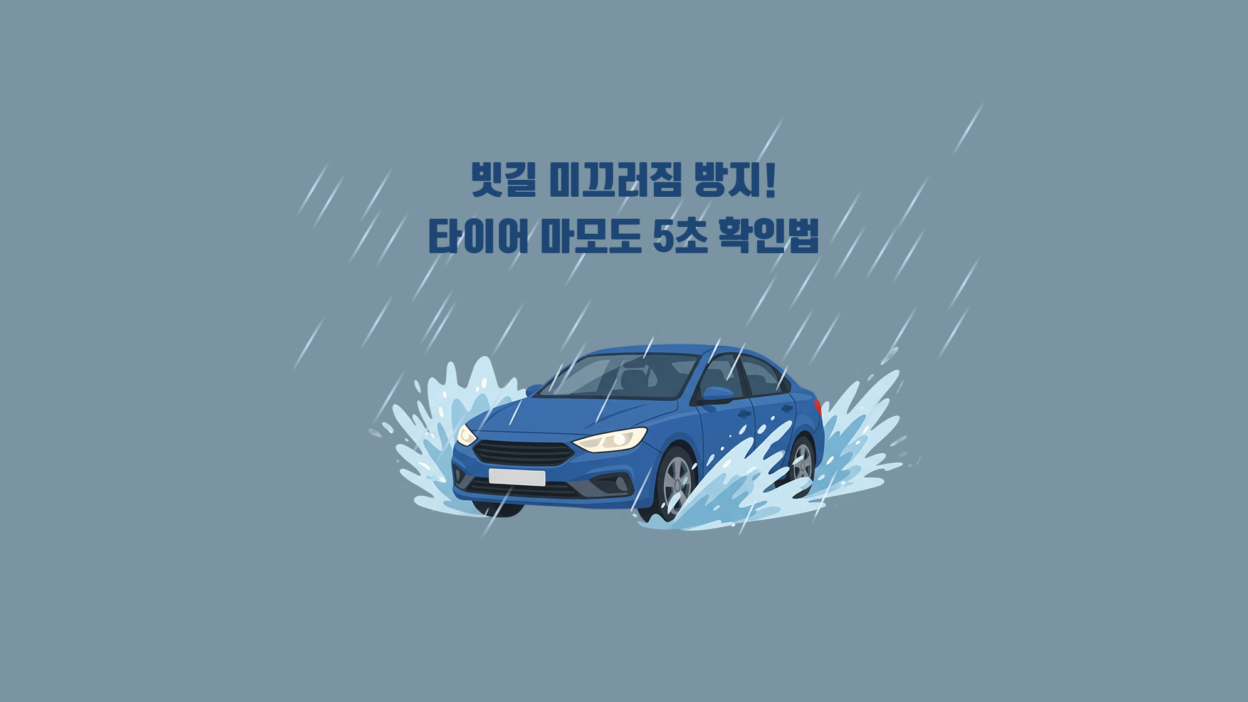 비가 세차게 내리는 도로를 주행하는 자동차 바퀴 주변으로 물보라가 튀는 모습과 함께 "빗길 미끄러짐 방지! 타이어 마모도 5초 확인법"이라는 타이틀이 강조된 이미지