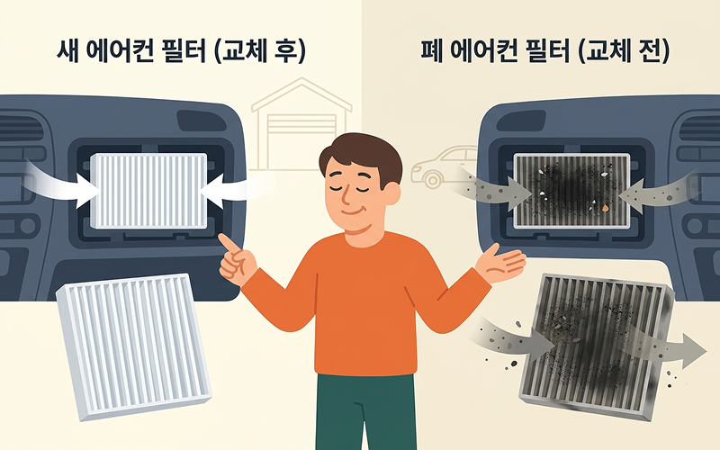 하얗고 깨끗한 새 에어컨 필터와 먼지 및 이물질로 시커멓게 오염된 폐 필터를 대조하여 비교하는 사진