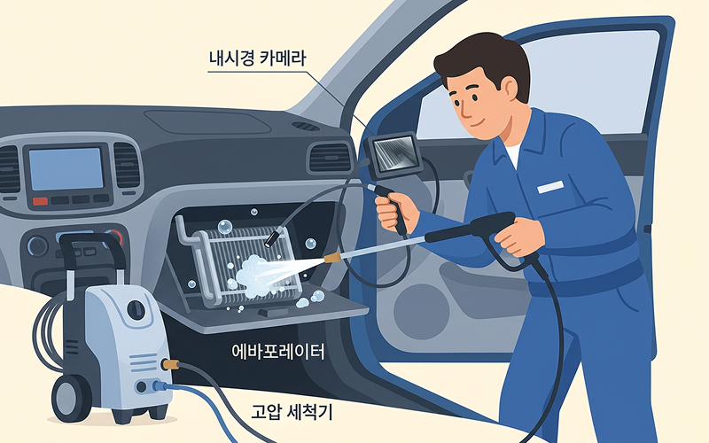 전문 정비사가 내시경 카메라와 고압 세척 장비를 활용해 차량 내부의 에바포레이터를 청소하는 시공 모습