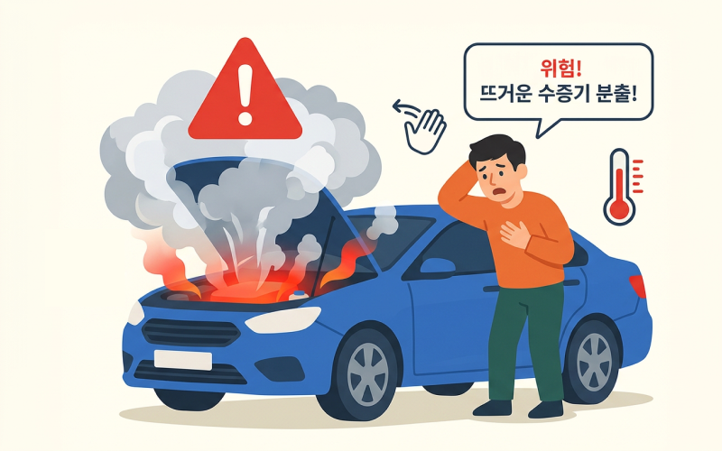 뜨거운 엔진룸에서 수증기가 뿜어져 나오는 위험한 상황을 경고하는 이미지