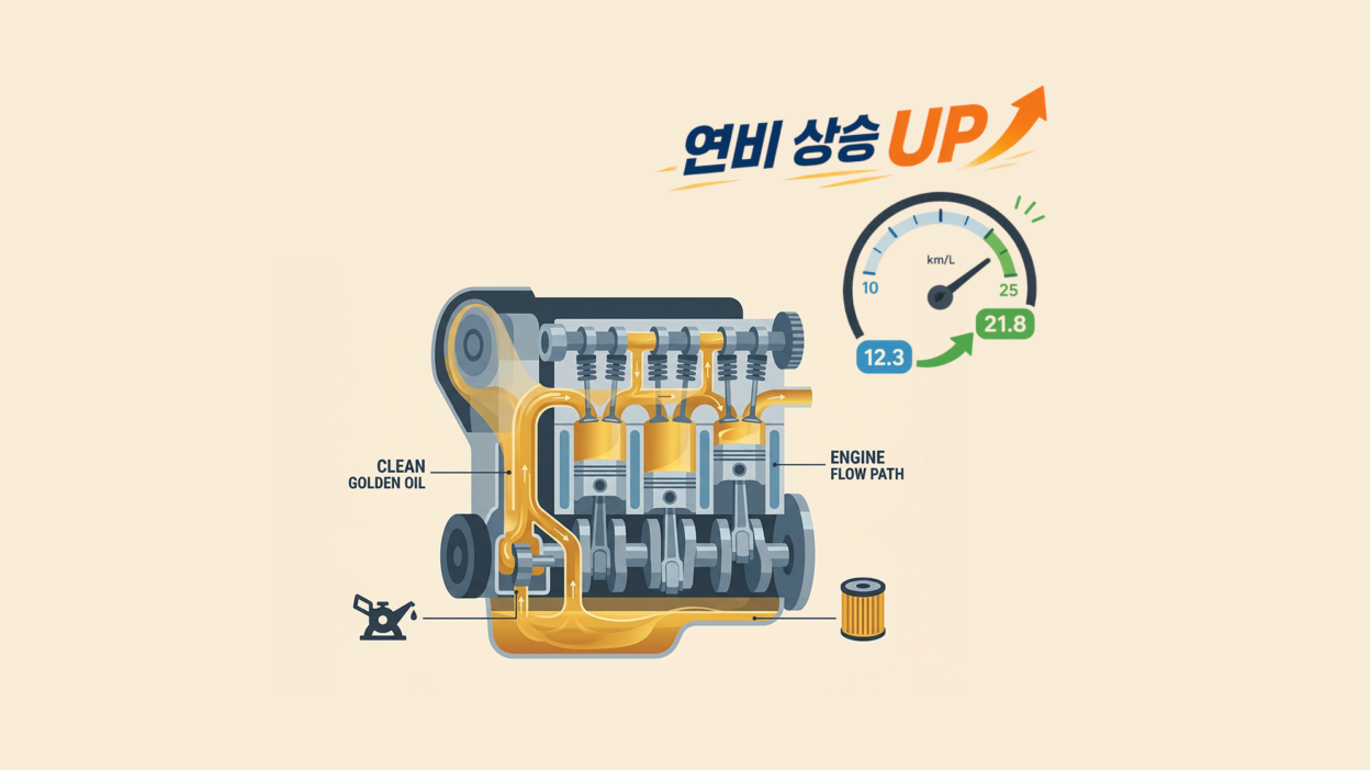 깨끗하고 투명한 황금빛 엔진오일이 엔진 내부로 흐르는 모습과 함께 '연비 상승 UP'이라는 문구가 적힌 역동적인 이미지. 한쪽에는 연비 계기판의 숫자가 올라가는 그래픽