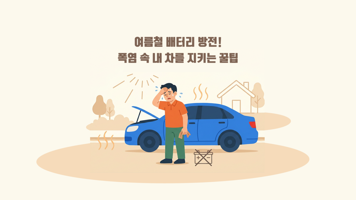 이글거리는 여름철 아스팔트 위에 세워진 자동차와 엔진룸 내부의 배터리가 열을 받아 방전된 상황을 경고 아이콘과 함께 시각화한 이미지. "여름철 배터리 방전! 폭염 속 내 차를 지키는 꿀팁"이라는 문구