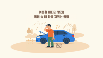 이글거리는 여름철 아스팔트 위에 세워진 자동차와 엔진룸 내부의 배터리가 열을 받아 방전된 상황을 경고 아이콘과 함께 시각화한 이미지. "여름철 배터리 방전! 폭염 속 내 차를 지키는 꿀팁"이라는 문구