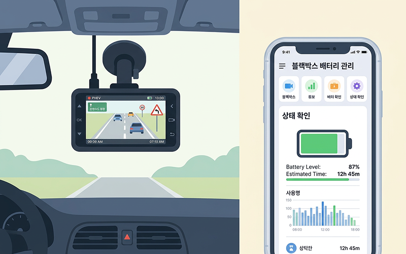 차량 전면 유리에 장착된 블랙박스의 화면과 스마트폰 배터리 관리 앱 화면의 합성 이미지