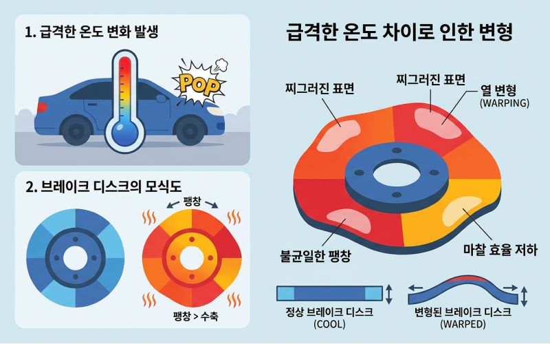 급격한 온도 차이로 인해 찌그러지거나 변형된 자동차 브레이크 디스크의 모식도 그래픽