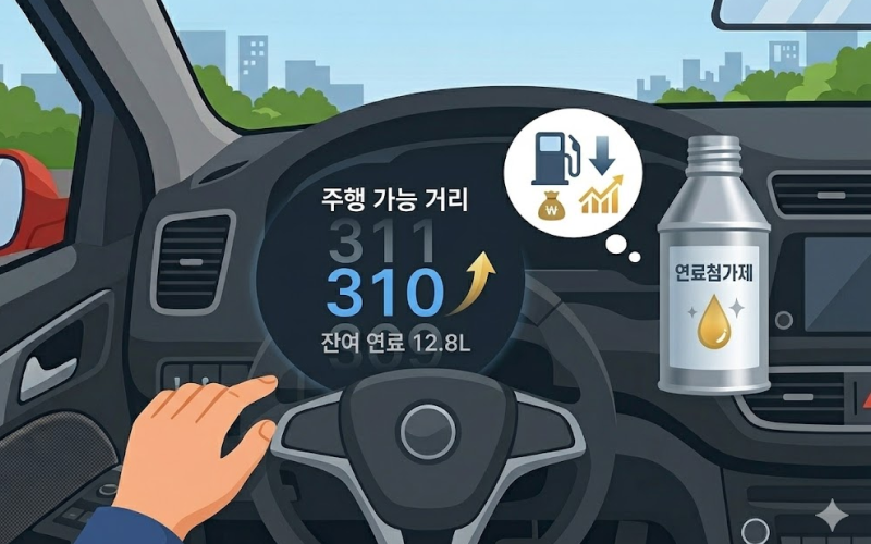 자동차 계기판의 주행 가능 거리 숫자가 변하는 모습과 연료첨가제 병