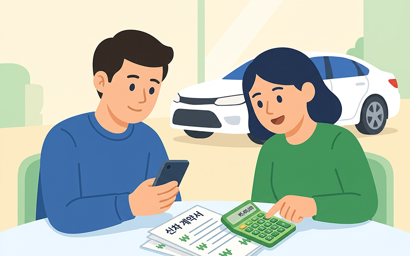 새 차를 계약하기 전 스마트폰과 서류를 보며 취득세와 세금 계산기를 두드리는 부부의 모습
