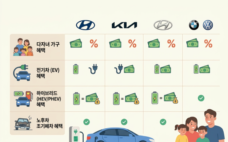 다양한 자동차 브랜드의 로고와 혜택 조건들이 픽토그램으로 깔끔하게 비교된 인포그래픽
