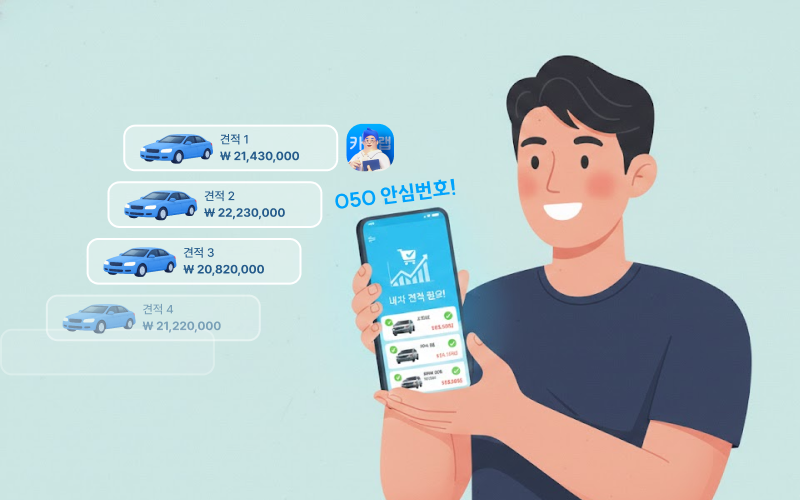 스마트폰에 안심번호 마크와 전국 딜러 견적서가 깔끔하게 정렬되어 신뢰감을 주는 카랩 어플 화면