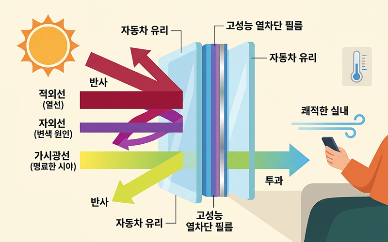 태양열(적외선, 자외선)이 자동차 유리를 통과할 때 고성능 필름이 열을 반사하는 과학적 원리 그래픽