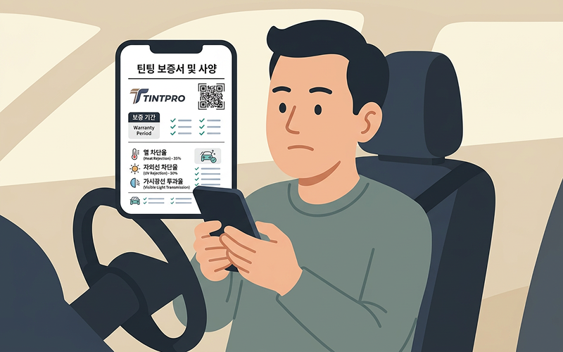 운전자가 스마트폰으로 틴팅 브랜드의 보증서와 사양을 꼼꼼히 체크하는 모습