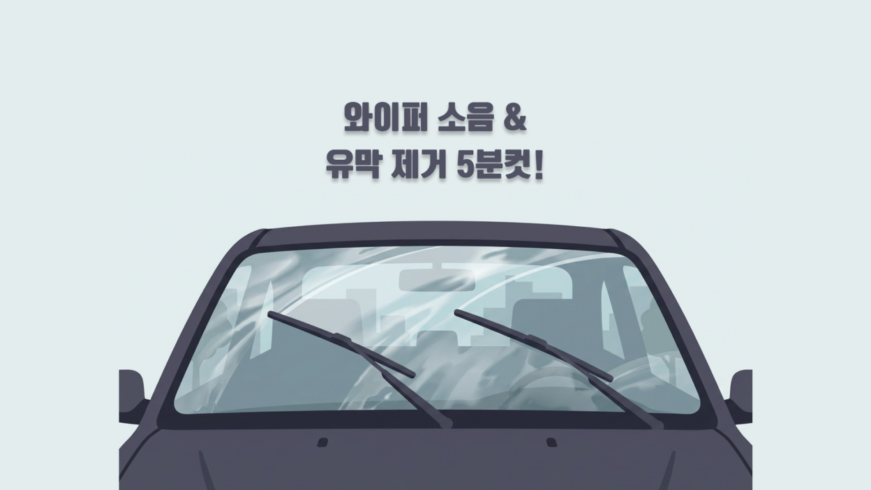 폭우가 내리는 도로 위, 와이퍼가 지나간 자리가 깨끗하게 닦인 유리창과 대조되는 유막 낀 유리창의 모습. "와이퍼 소음 & 유막 제거 5분 컷!"이라는 텍스트 강조