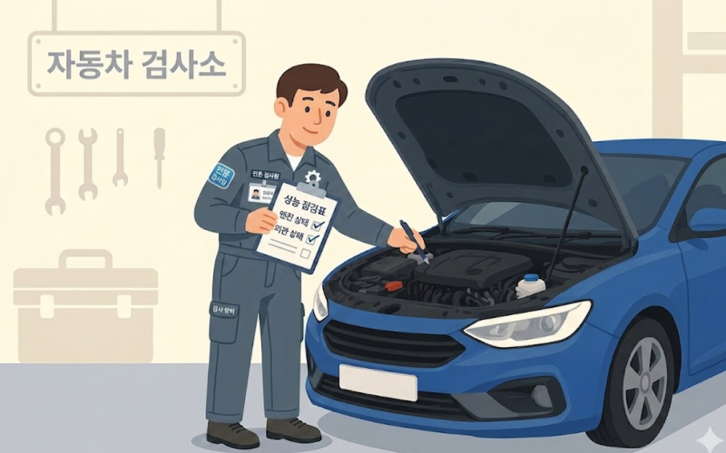성능 점검표를 들고 차량의 외관과 엔진 상태를 체크하는 전문가의 모습