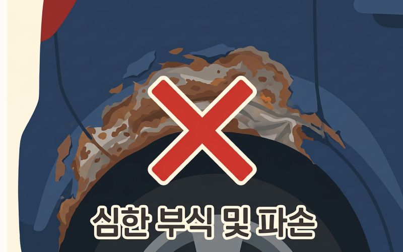 차량의 심한 부식이나 파손 부위를 클로즈업한 사진과 'X' 표시 