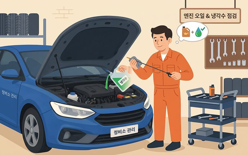 정비소에서 엔진오일 양을 체크하거나 부족한 냉각수를 보충하는 사람