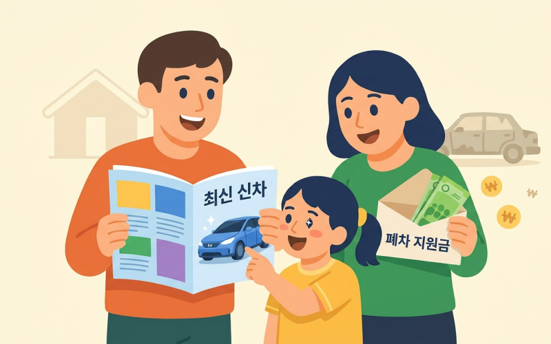 폐차 지원금 봉투와 함께 최신 신차 카탈로그를 보고 행복해하는 가족의 모습