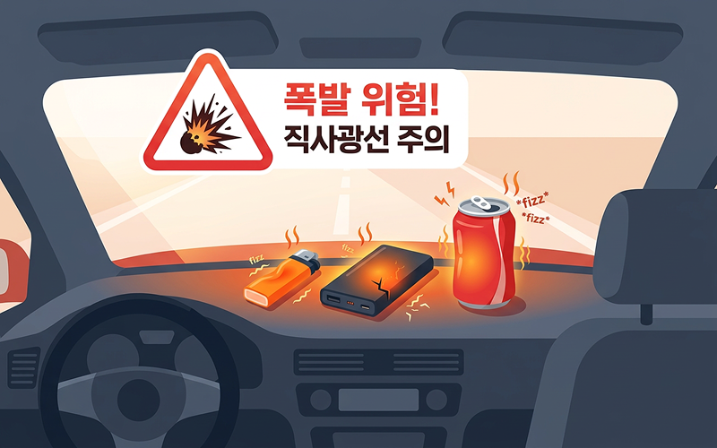 대시보드 위에 놓인 일회용 라이터, 보조배터리, 탄산음료 캔이 열을 받아 터지기 직전의 경고성 일러스트