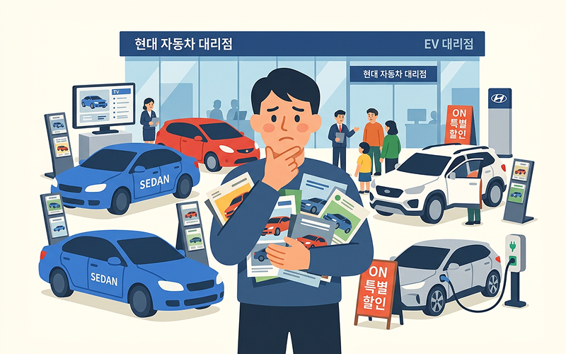복잡한 자동차 대리점 전경과 수많은 팸플릿을 들고 고민에 잠긴 운전자의 모습