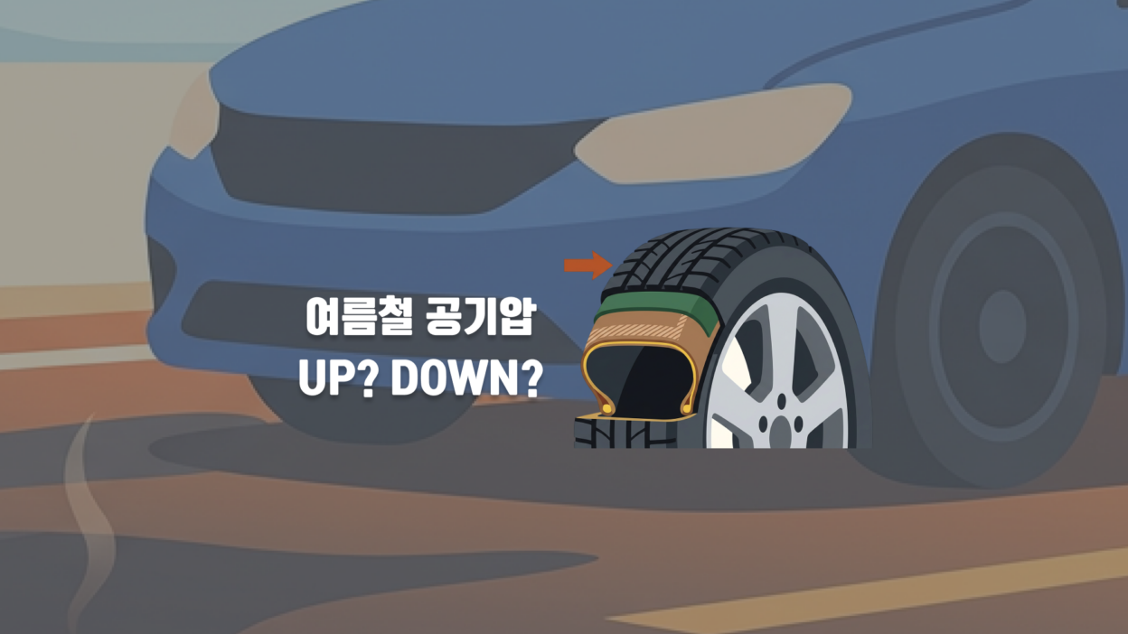 뜨거운 아스팔트 위를 달리는 타이어의 단면도와 함께 '여름철 공기압 UP? DOWN?'이라는 질문 문구가 크게 삽입된 인포그래픽 이미지