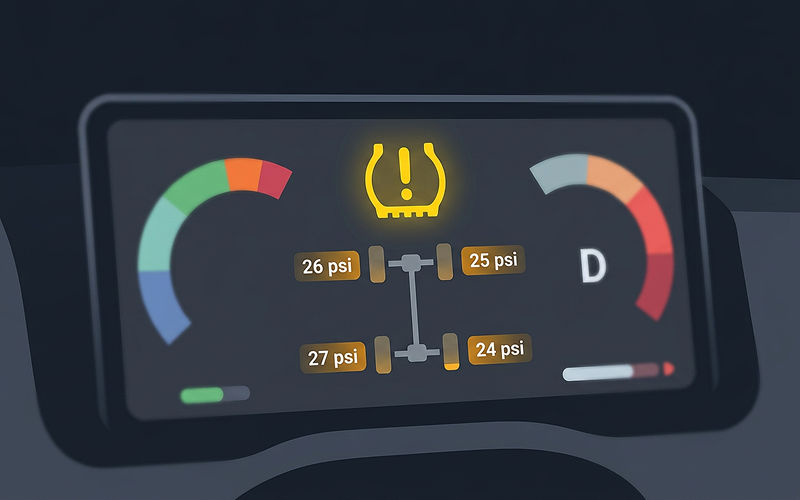 자동차 계기판에 뜬 타이어 저압 경고등(TPMS) 아이콘과 각 바퀴의 수치가 표시된 디지털 화면