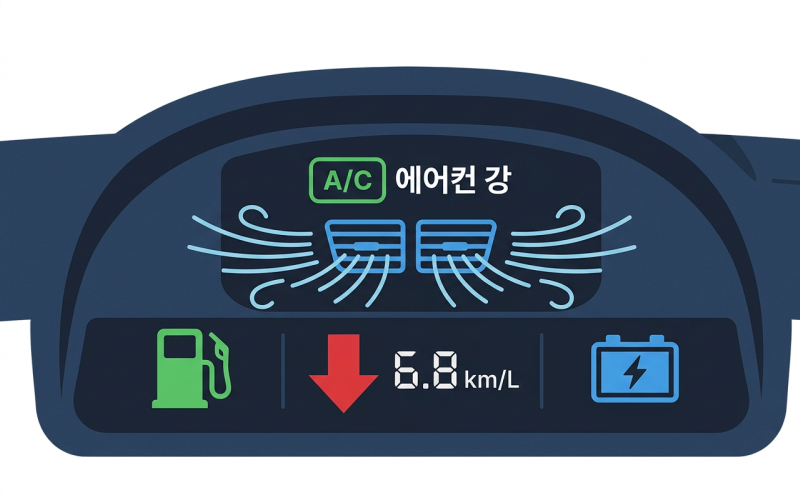 에어컨을 강하게 가동 중인 차량의 계기판과 떨어지는 연비 수치를 보여주는 직관적인 그래픽