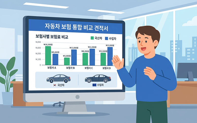 모니터 화면에 띄워진 국산차와 수입차의 자동차 보험 통합 비교 견적서 그래프