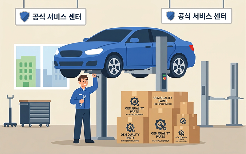 공식 서비스 센터에 입고되어 리프트 위에 올려진 수입 세단과 순정 부품 상자들이 쌓여 있는 모습