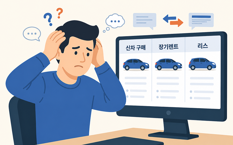신차 구매, 장기렌트, 리스 세 가지 선택지를 두고 모니터 앞에서 고민에 잠겨 있는 운전자의 모습
