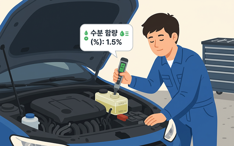 정비소에서 수분 테스터기를 브레이크 액 탱크에 넣어 수분 함량(%)을 측정하는 정비사의 손