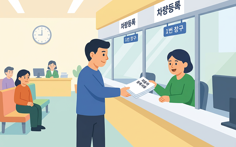 관할 구청이나 차량등록사업소 민원실 창구에서 셀프로 자동차 등록 서류를 제출하는 모습