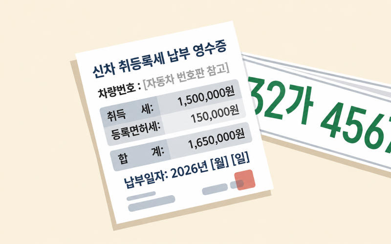 신차 취등록세 영수증과 영수증 뒤로 보이는 자동차 정식 번호판의 모습