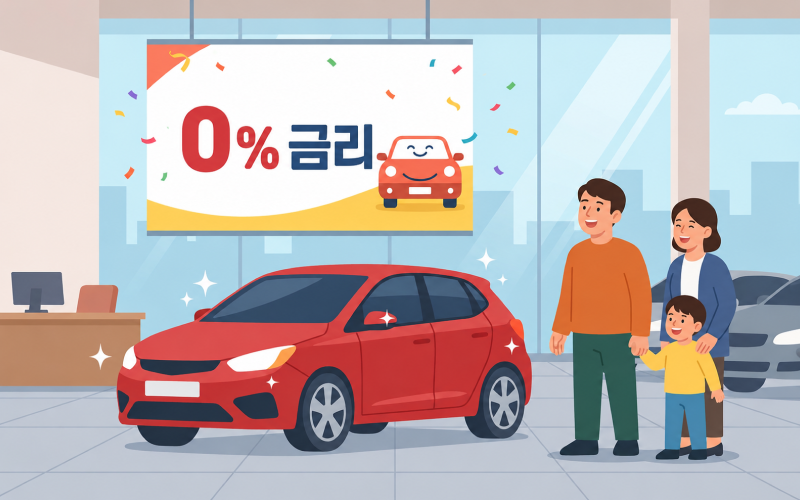 '0% 금리'를 강조하는 자동차 대리점의 대형 포스터와 이를 기쁘게 바라보는 구매자의 모습