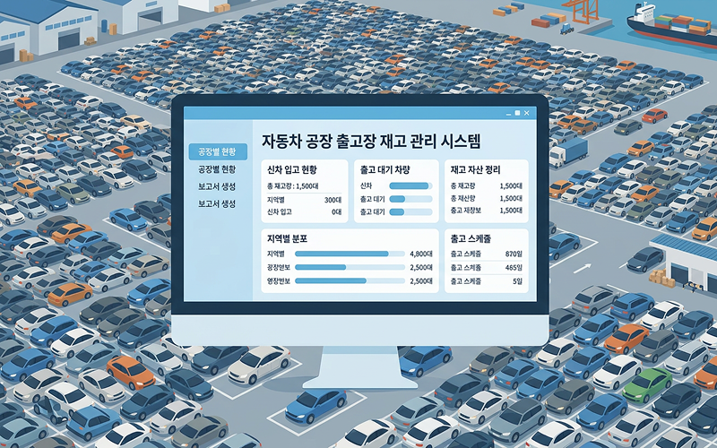 자동차 공장 출고장에 빽빽하게 주차되어 있는 신차들과 재고 자산을 정리하는 컴퓨터 모니터 화면