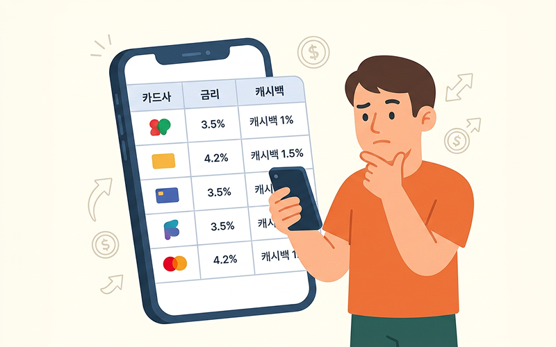 스마트폰 화면에 카드사별 금리 및 캐시백 조건 표가 복잡하게 얽혀 있어 고민하는 모습