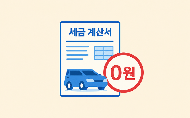 신차 출고 시 발생하는 취등록세, 자동차세, 보험료 영수증과 '0원'이라는 문구가 강조된 그래픽