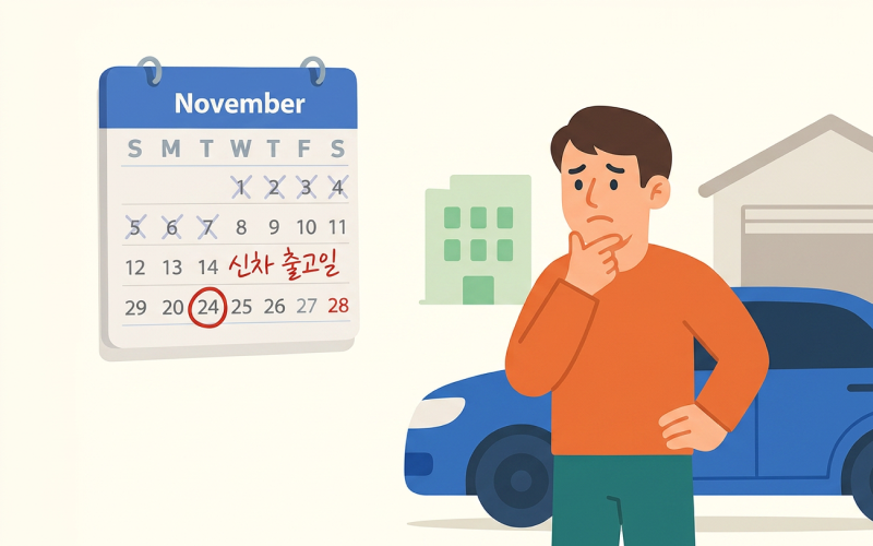신차 출고 달력을 보며 긴 대기 기간 때문에 답답해하고 고민하는 운전자의 모습