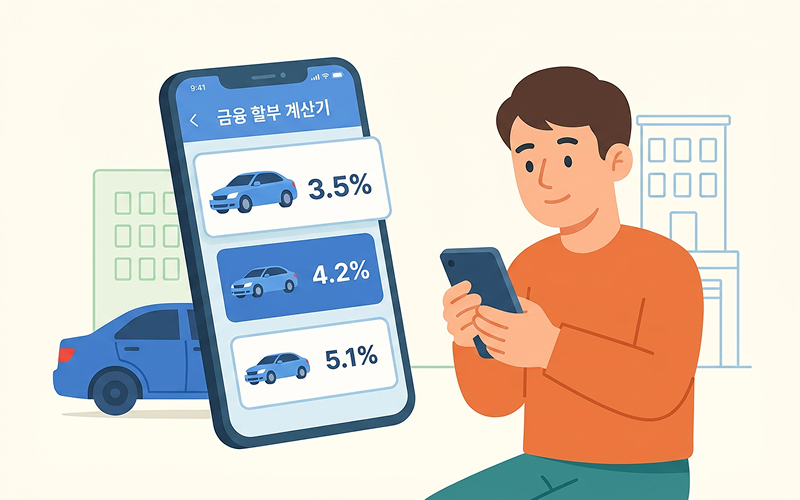스마트폰 화면으로 자동차 금융 할부 계산기 앱을 보며 금리를 비교하는 모습