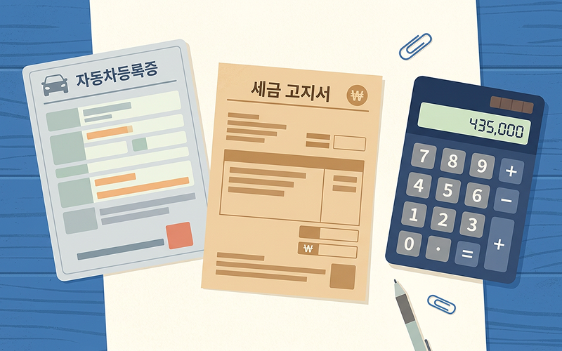 자동차 등록증, 세금 고지서와 계산기가 놓여 있는 책상 풍경