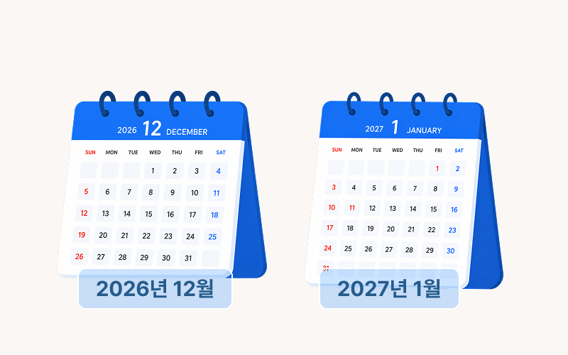 12월 31일과 1월 1일 달력을 크게 보여주면서 실제 날짜 차이와 연도 차이를 대비한 이미지