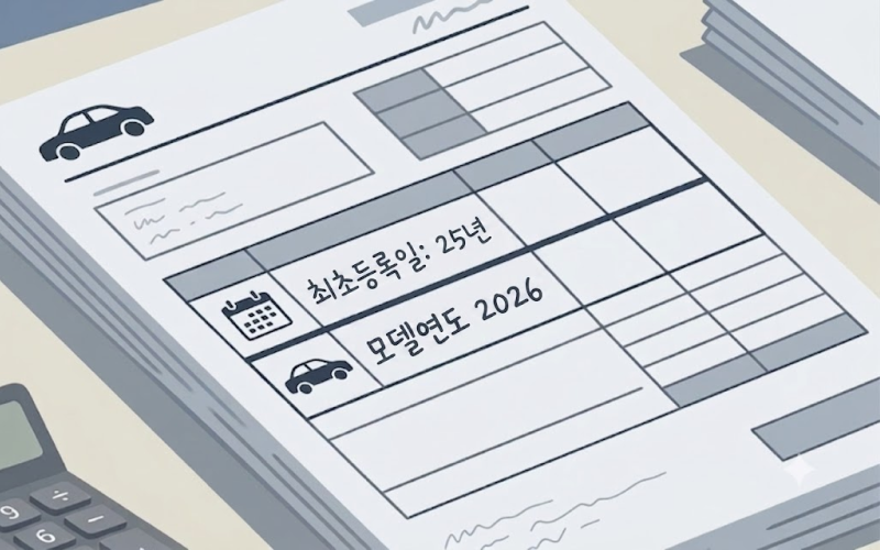 자동차등록 정보의 최초등록일과 차량의 모델연도를 서로 다른 항목으로 구분해 보여주는 이미지